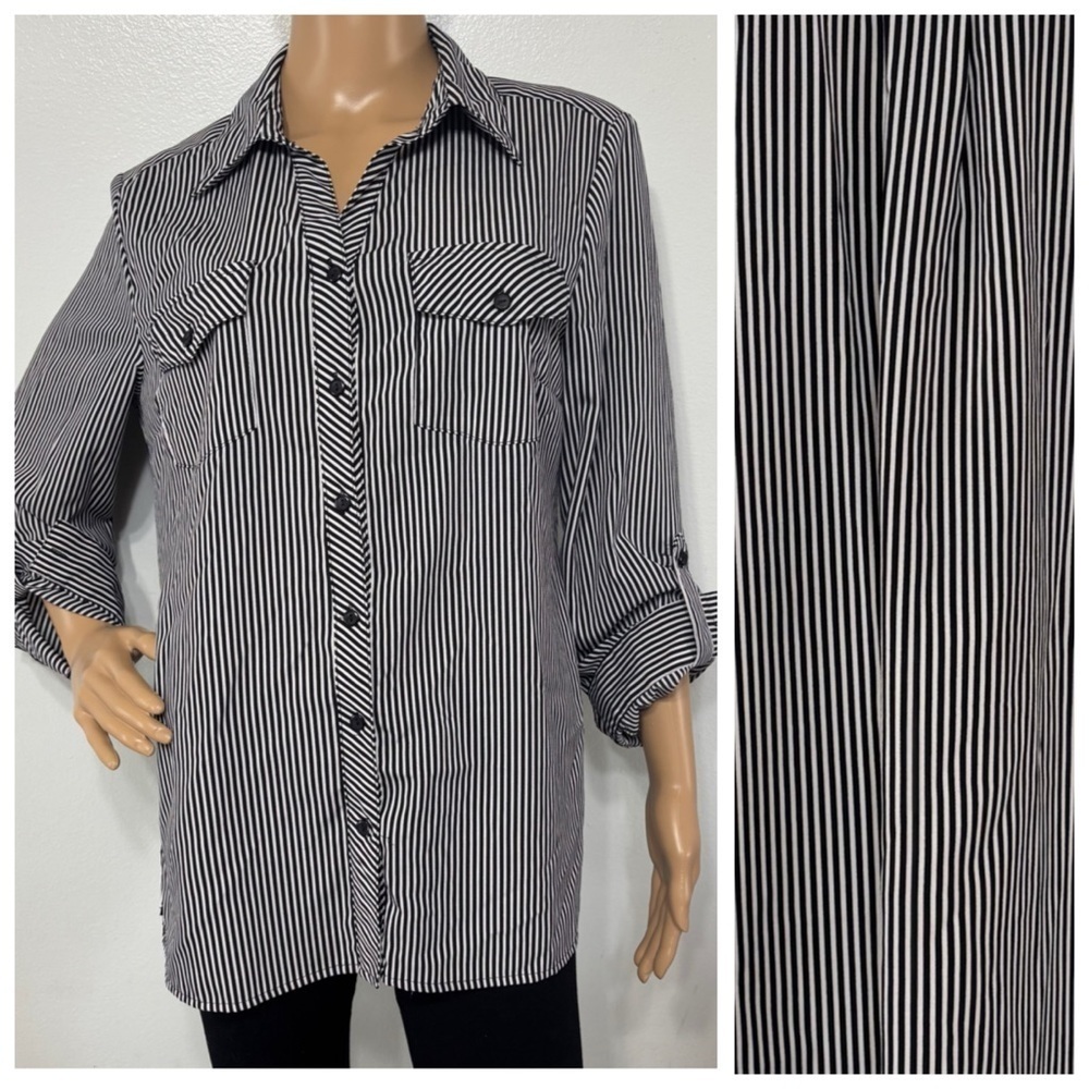 Notations Women’s Black/White Striped Button Down Shirt Size M